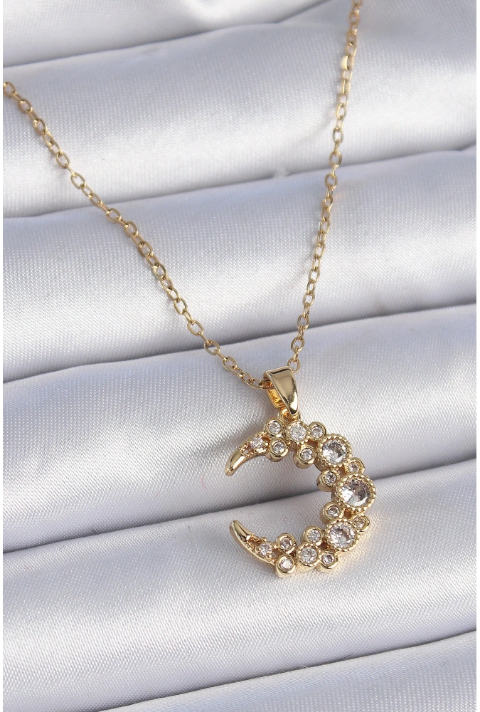 Shoecide 316l Çelik Zincir Gold Renk Zirkon Taşlı Hilal Model Kadın Kolye