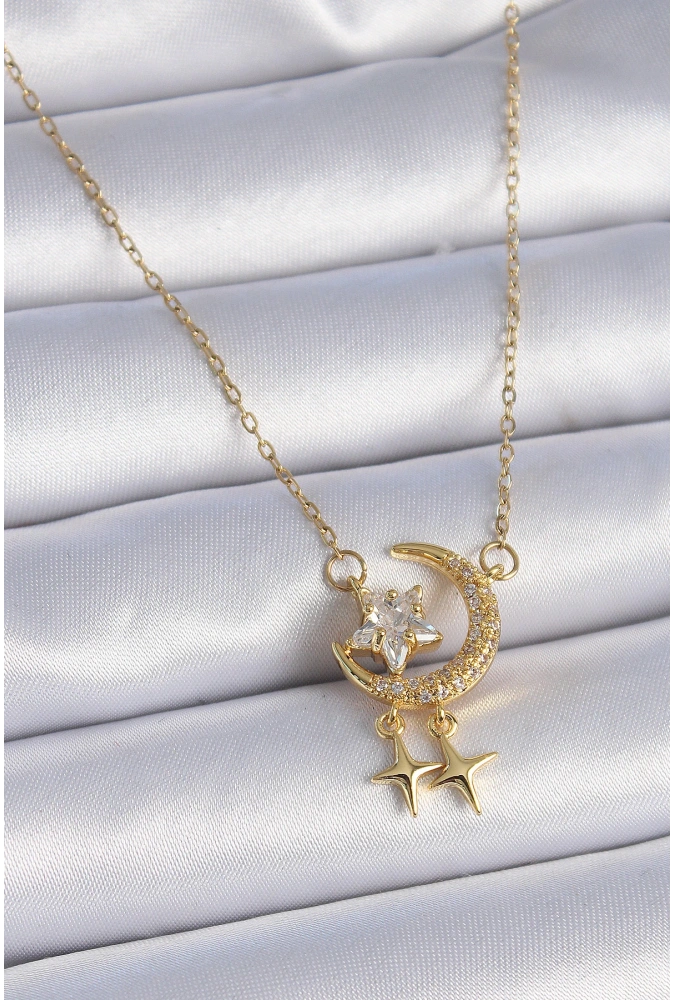 Shoecide 316l Çelik Zincir Gold Renk Zirkon Taşlı Hilal Model Yıldız Detay Kadın Kolye
