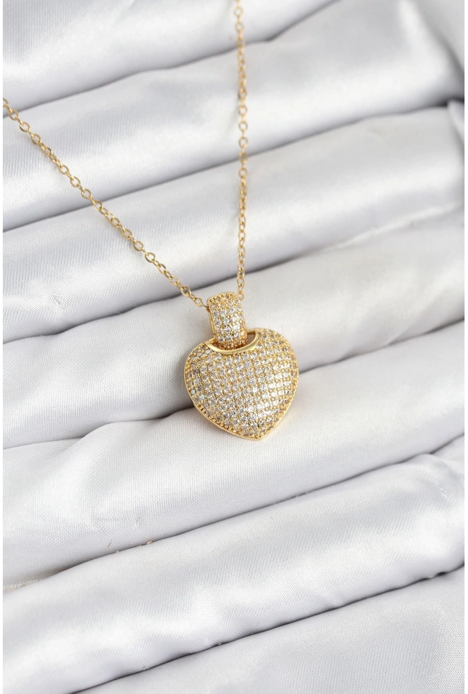 Shoecide 316l Çelik Zincir Gold Renk Zirkon Taşlı Kalpli Kadın Kolye