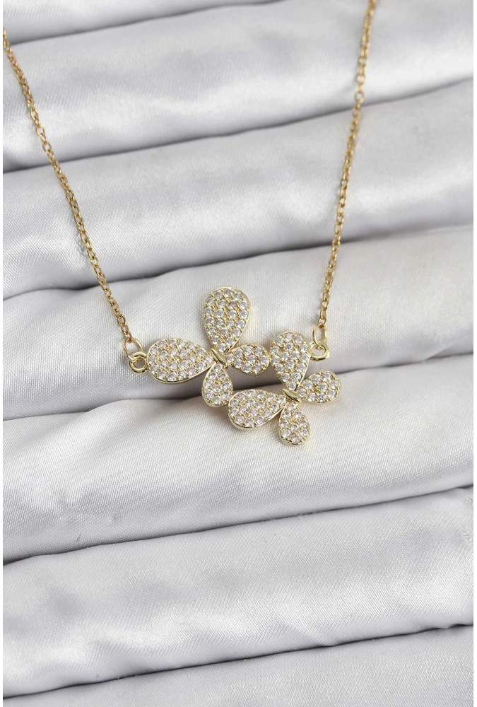 Shoecide 316l Çelik Zincir Gold Renk Zirkon Taşlı Kelebek Model Kadın Kolye
