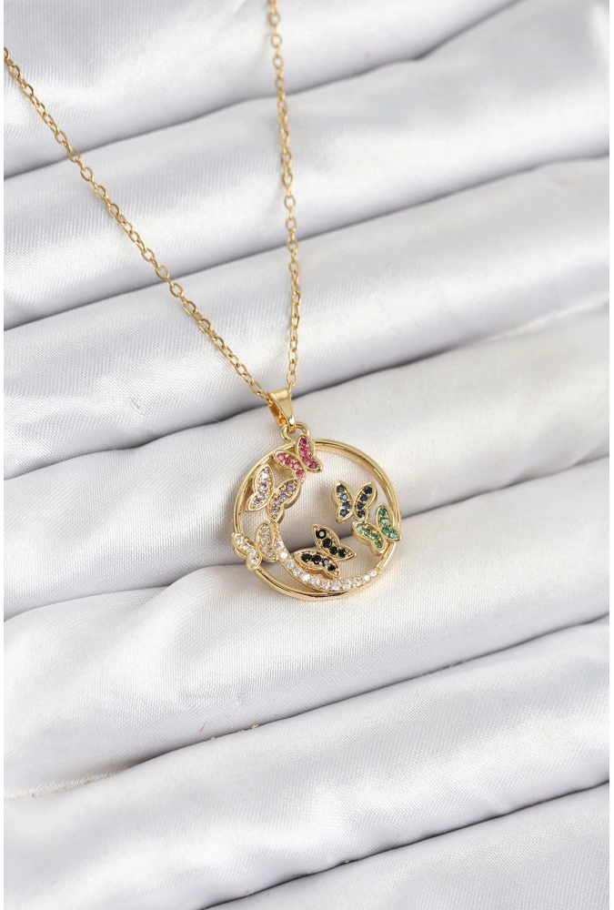 Shoecide 316l Çelik Zincir Gold Renk Zirkon Taşlı Kelebekli Kadın Kolye