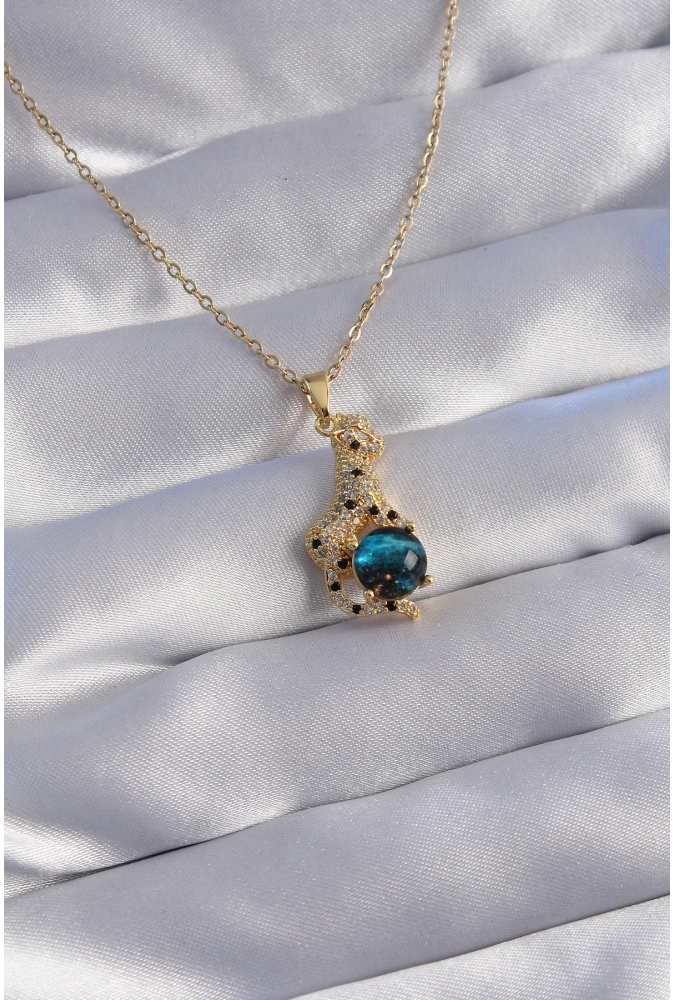 Shoecide 316l Çelik Zincir Gold Renk Zirkon Taşlı Panter Figürlü Gezegen Kolye