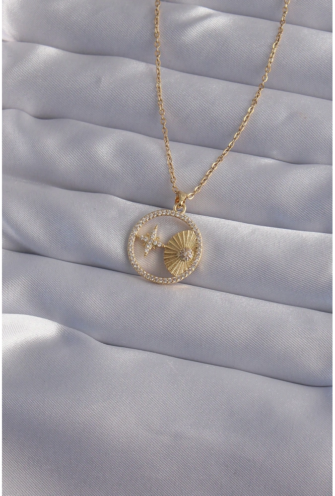 Shoecide 316l Çelik Zincir Gold Renk Zirkon Taşlı Yıldız Figürlü Oval Kolye