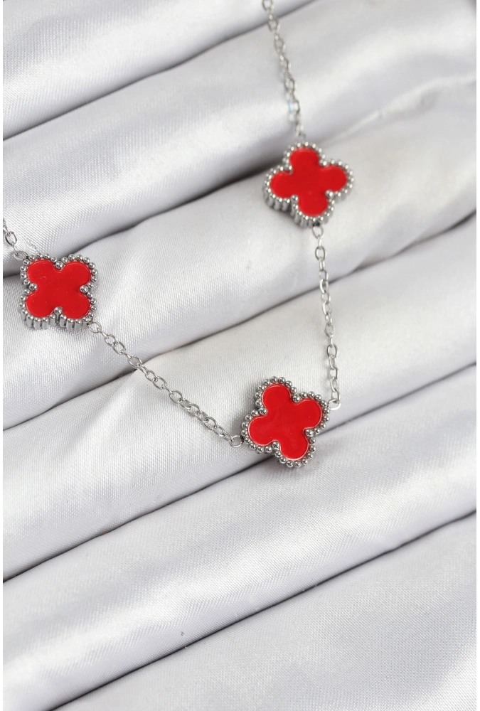 Shoecide 316l Çelik Zincir Gümüş Kırmızı Renk Yonca Kadın Kolye