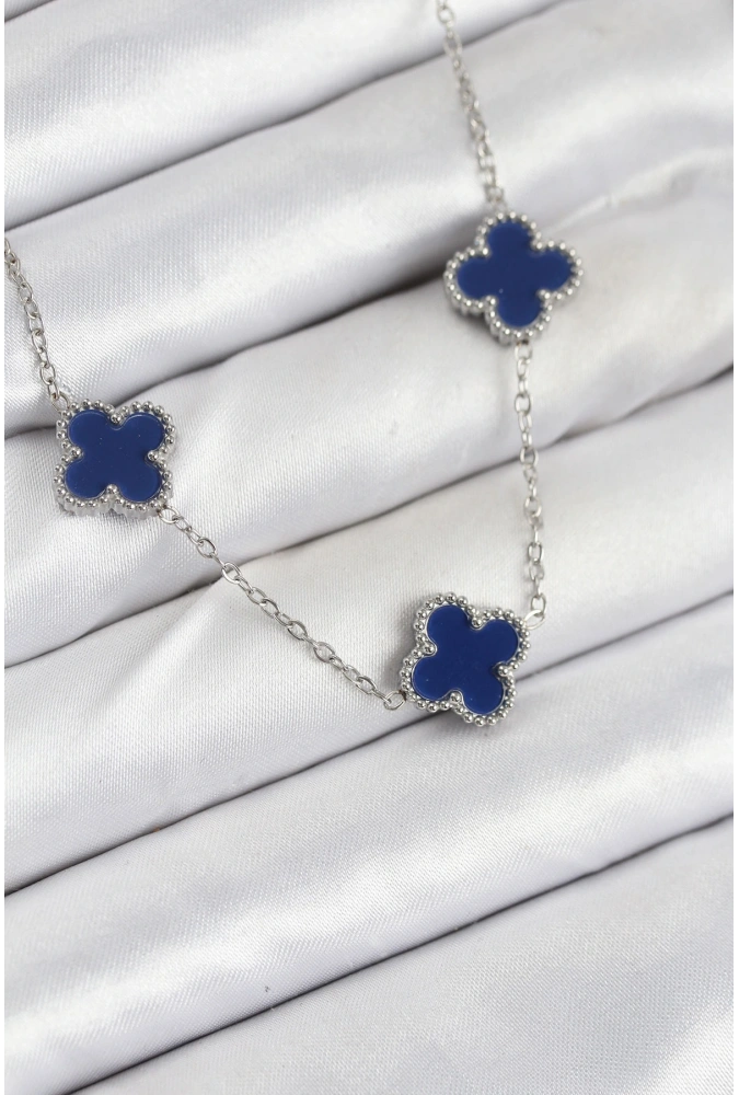 Shoecide 316l Çelik Zincir Gümüş Lacivert Renk Yonca Kadın Kolye