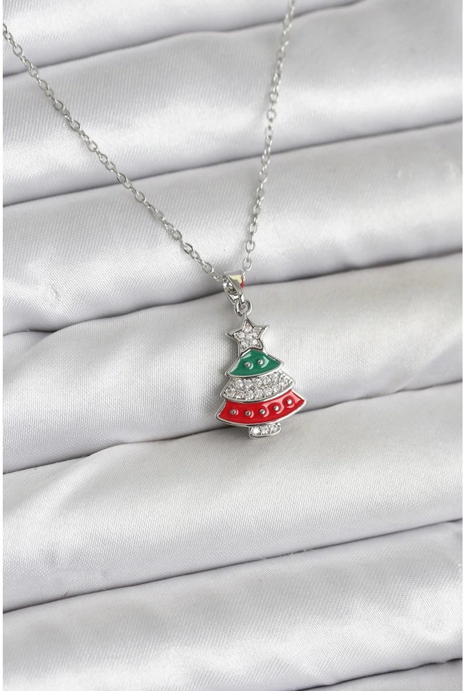 Shoecide 316l Çelik Zincir Gümüş Ren Çam Ağacı Model Zirkon Taşlı Yılbaşı Temalı Kadın Kolye