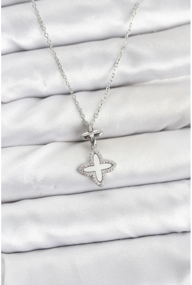 Shoecide 316l Çelik Zincir Gümüş Renk 4 Yapraklı Yonca Model Zirkon Taşlı Kadın Kolye