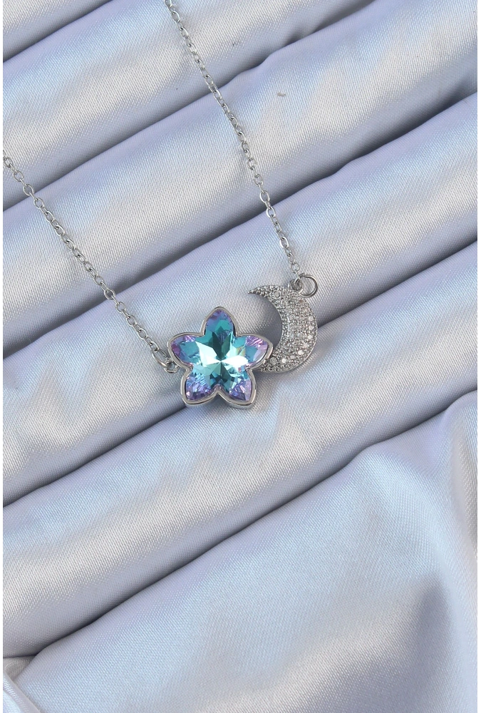 Shoecide 316l Çelik Zincir Gümüş Renk Ay Tasarımlı Renkli Zirkon Taşlı Çiçek Kolye