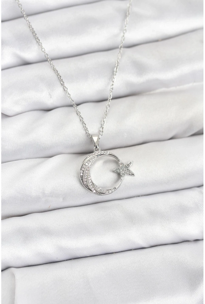 Shoecide 316l Çelik Zincir Gümüş Renk Ay Yıldız Model Zirkon Taşlı Kadın Kolye