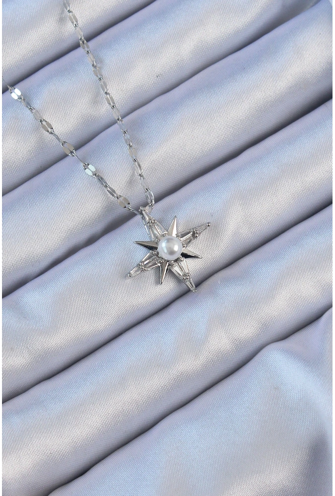 Shoecide 316l Çelik Zincir Gümüş Renk Baget Taşlı İnci Detay Kutup Yıldızı Kolye