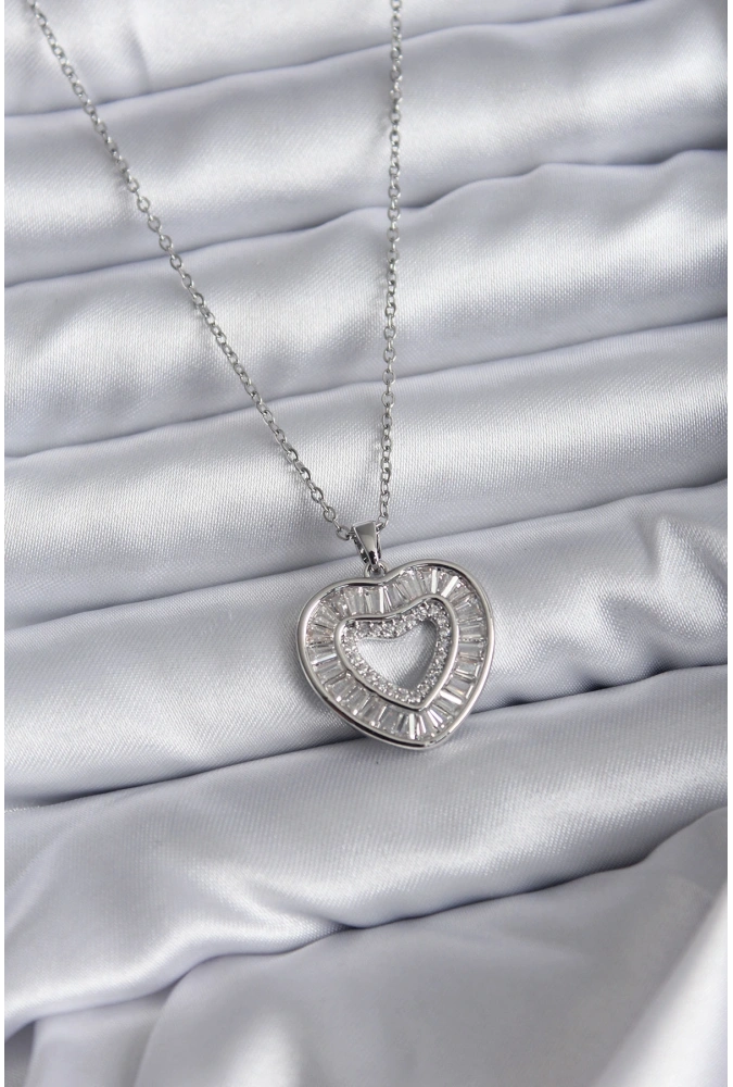 Shoecide 316l Çelik Zincir Gümüş Renk Baget Zirkon Taşlı Kadın Kolye