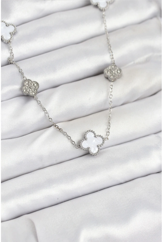 Shoecide 316l Çelik Zincir Gümüş Renk Beyaz Ve Zirkon Taşlı Yonca Kadın Kolye