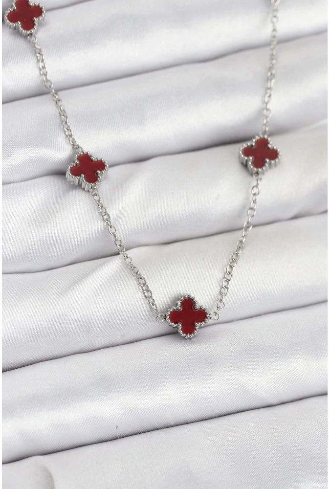 Shoecide 316l Çelik Zincir Gümüş Renk Bordo Baby Boy Yonca Kadın Kolye