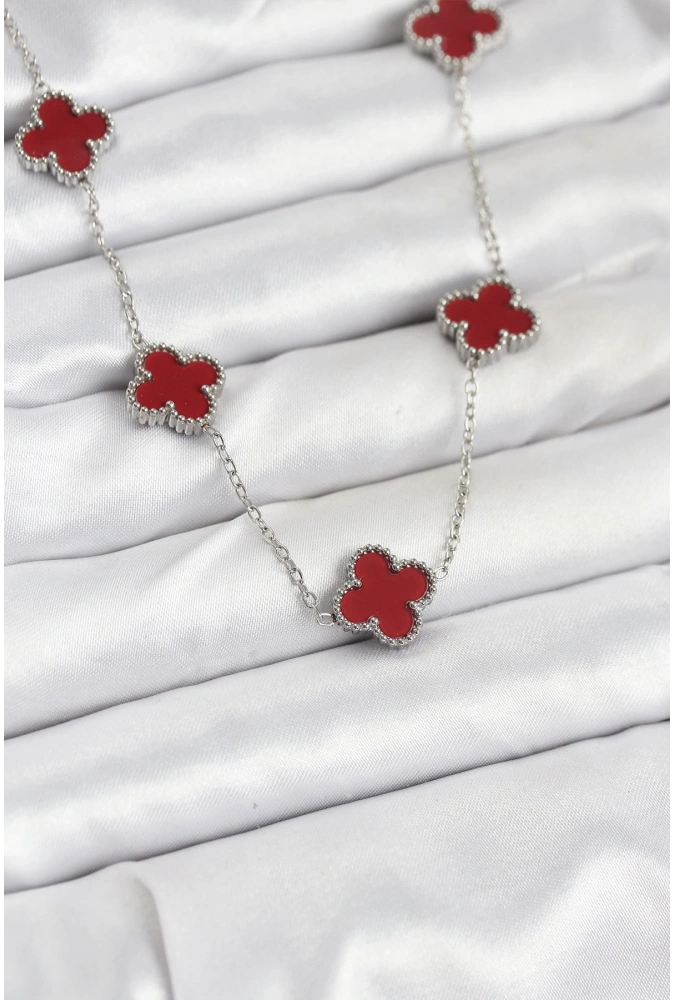 Shoecide 316l Çelik Zincir Gümüş Renk Bordo Renk Yonca Kadın Kolye