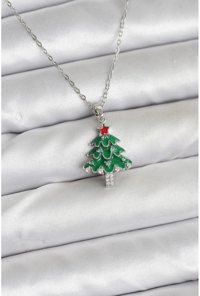 Shoecide 316l Çelik Zincir Gümüş Renk Çam Ağacı Model Yılbaşı Temalı Kadın Kolye