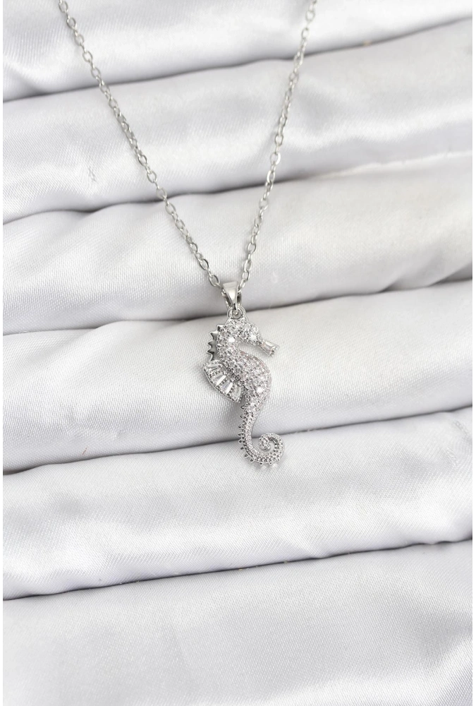 Shoecide 316l Çelik Zincir Gümüş Renk Deniz Atı Model Zirkon Taşlı Kadın Kolye