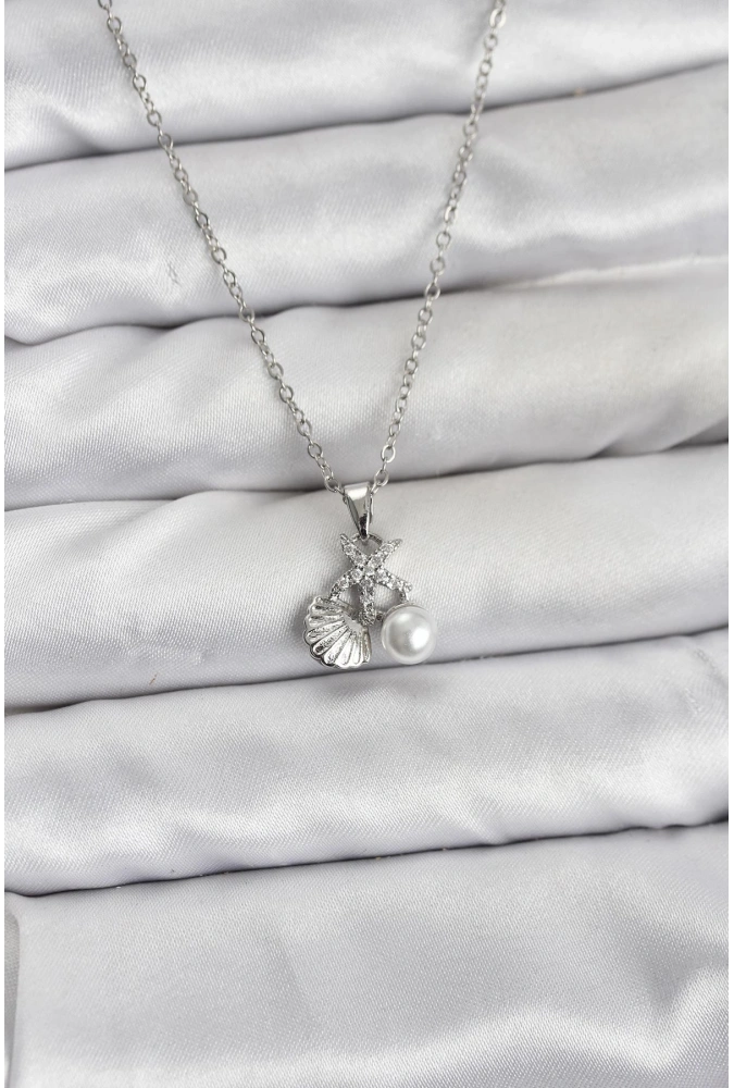 Shoecide 316l Çelik Zincir Gümüş Renk Deniz Kabuğu Ve Deniz Yıldızı Model Zirkon Taşlı Kadın Kolye