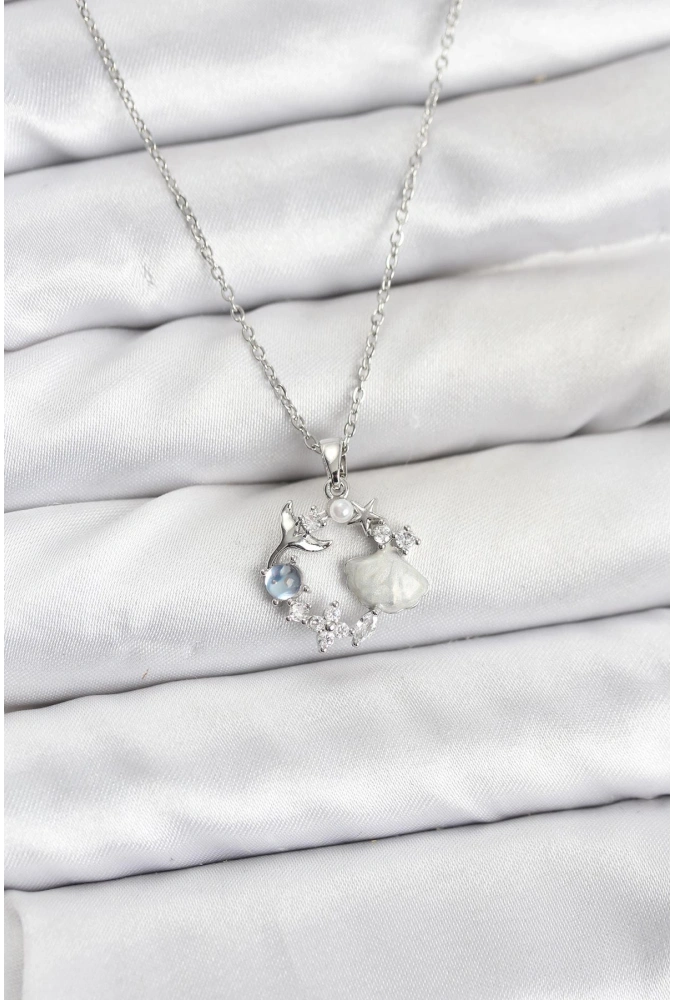 Shoecide 316l Çelik Zincir Gümüş Renk Deniz Tema Model Zirkon Taşlı Kadın Kolye