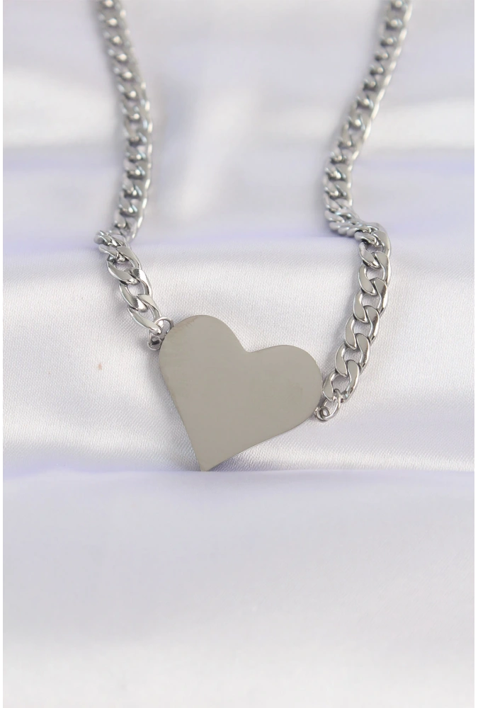 Shoecide 316l Çelik Zincir Gümüş Renk Düz Plaka Kalp Kolye