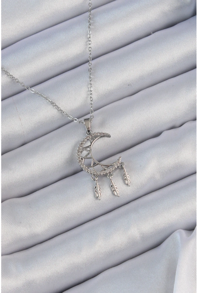 Shoecide 316l Çelik Zincir Gümüş Renk İşlemeli Zirkon Taşlı Ay Kolye