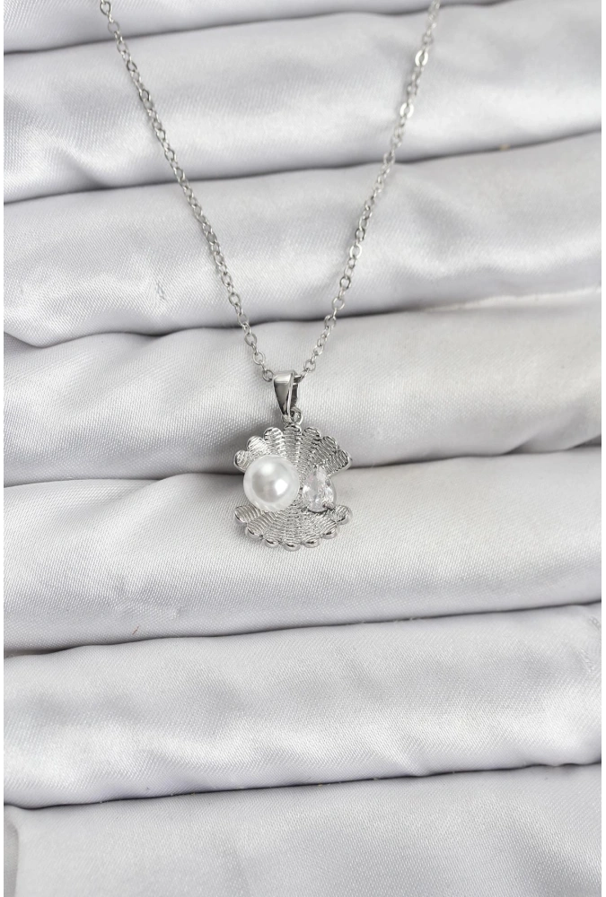 Shoecide 316l Çelik Zincir Gümüş Renk İstiridye İnci Model Zirkon Taşlı Kadın Kolye