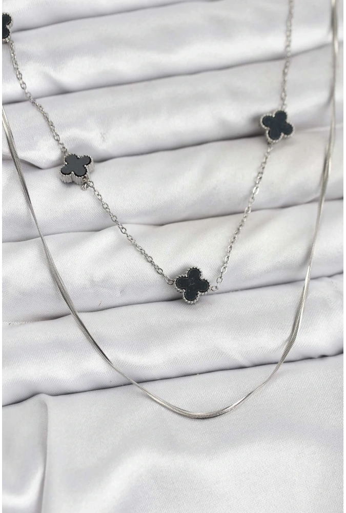Shoecide 316l Çelik Zincir Gümüş Renk İtalyan Zincirli Siyah Yonca Model Kadın Kolye