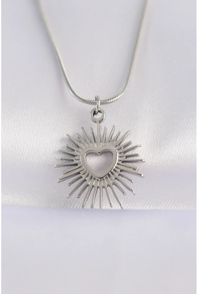 Shoecide 316l Çelik Zincir Gümüş Renk Kalp Güneşi Tasarımlı Kolye