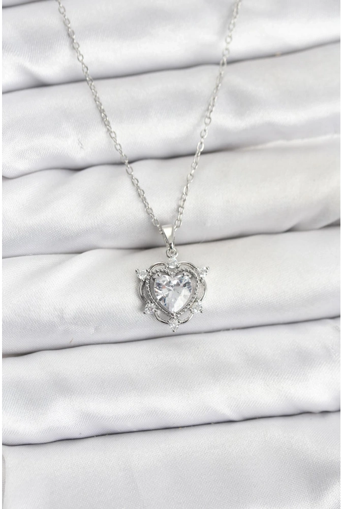 Shoecide 316l Çelik Zincir Gümüş Renk Kalp Model Zirkon Taşlı Kadın Kolye