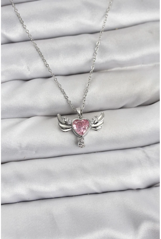 Shoecide 316l Çelik Zincir Gümüş Renk Kanatlı Kalp Model Zirkon Taşlı Kadın Kolye