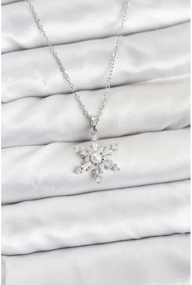 Shoecide 316l Çelik Zincir Gümüş Renk Kar Tanesi Model Zirkon Taşlı Kadın Kolye