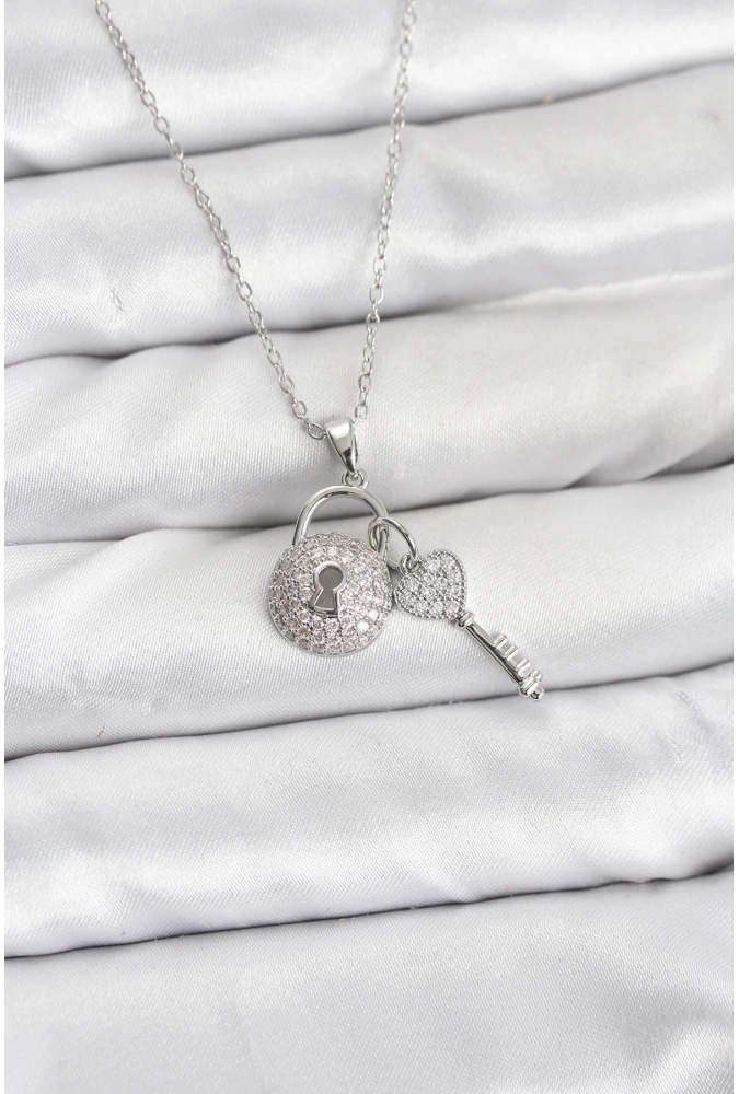 Shoecide 316l Çelik Zincir Gümüş Renk Kilit Anahtar Model Zirkon Taşlı Kadın Kolye