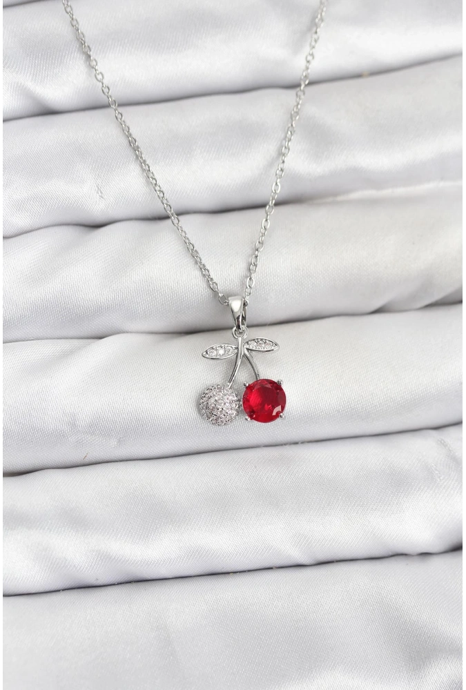 Shoecide 316l Çelik Zincir Gümüş Renk Kiraz Model Zirkon Taşlı Kadın Kolye