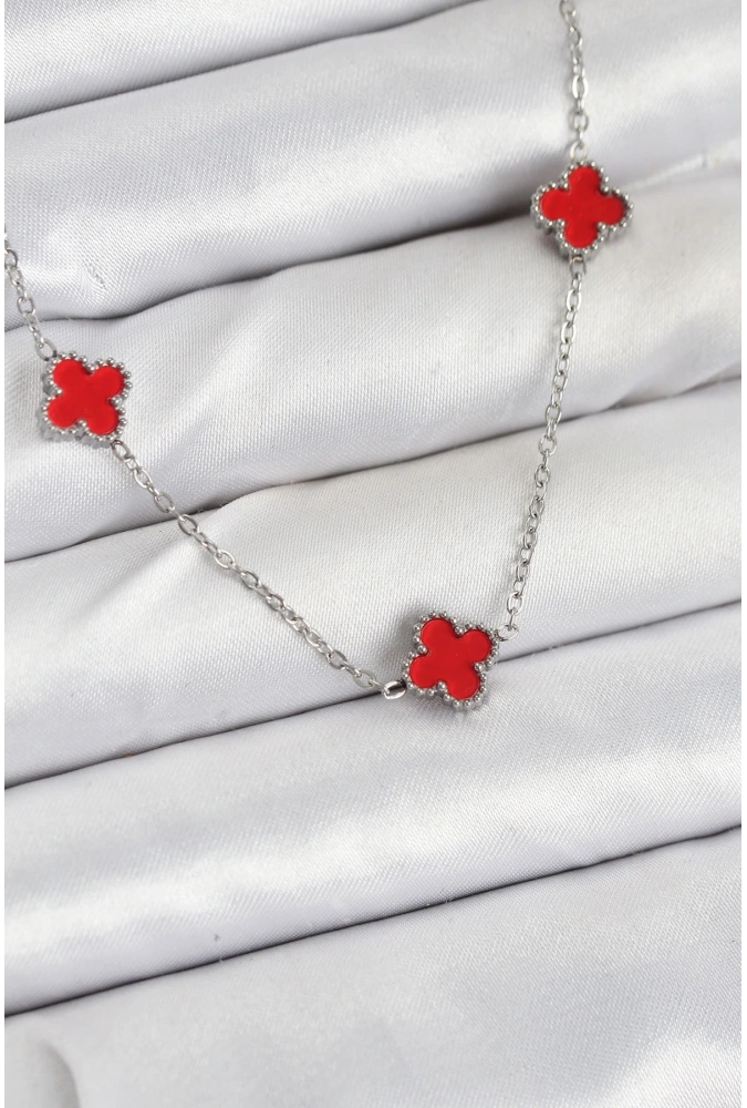 Shoecide 316l Çelik Zincir Gümüş Renk Kırmızı Baby Boy Yonca Kadın Kolye