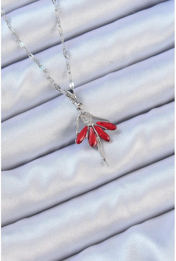 Shoecide 316l Çelik Zincir Gümüş Renk Kırmızı Etekli Zirkon Taşlı Balerin Kolye