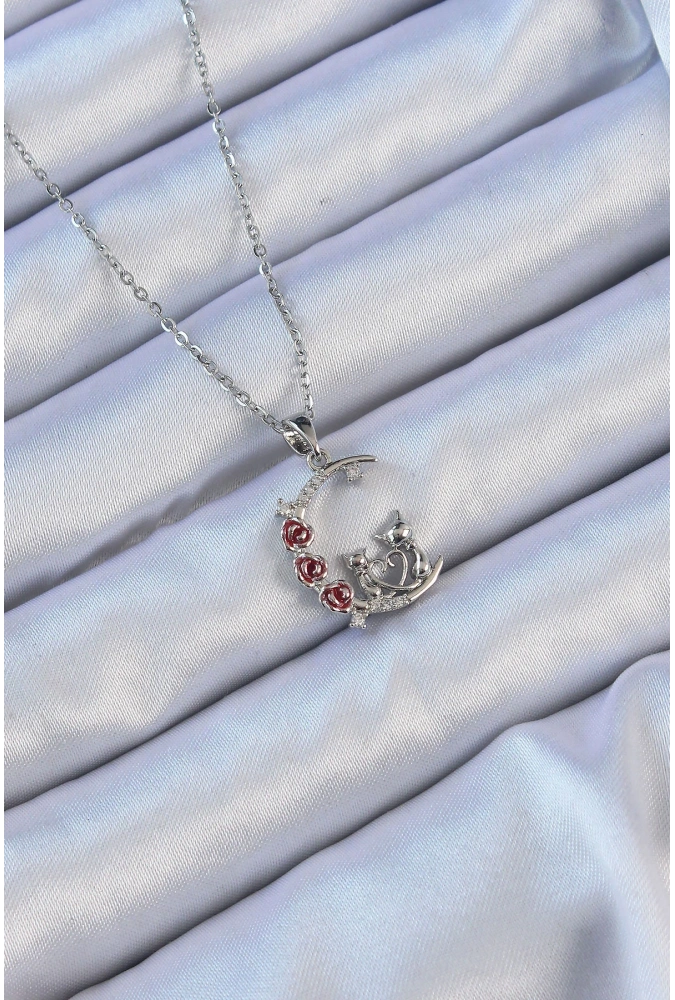 Shoecide 316l Çelik Zincir Gümüş Renk Kırmızı Gül Detay Kedi Figür Zirkon Taşlı Ay Kolye