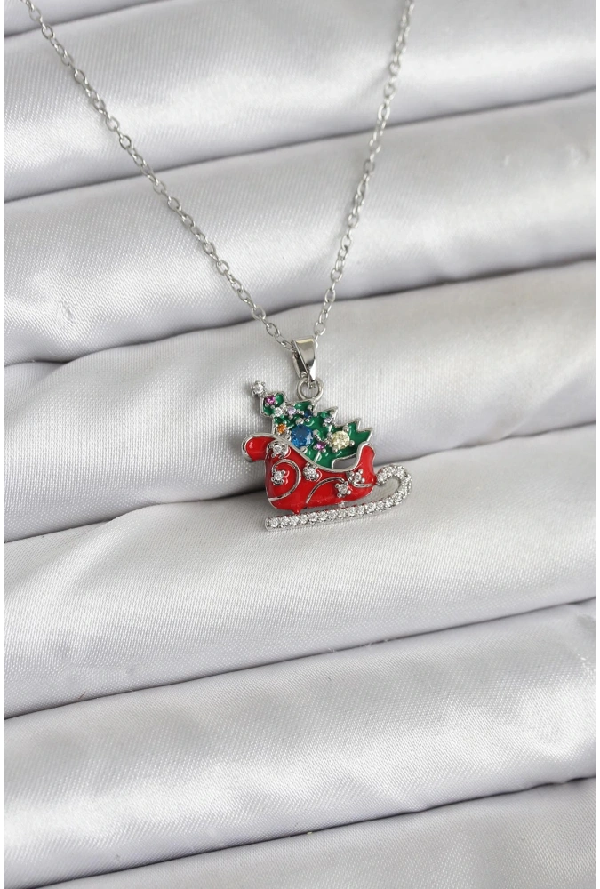 Shoecide 316l Çelik Zincir Gümüş Renk Kızak Ve Çam Ağacı Figürlü Yılbaşı Temalı Kadın Kolye