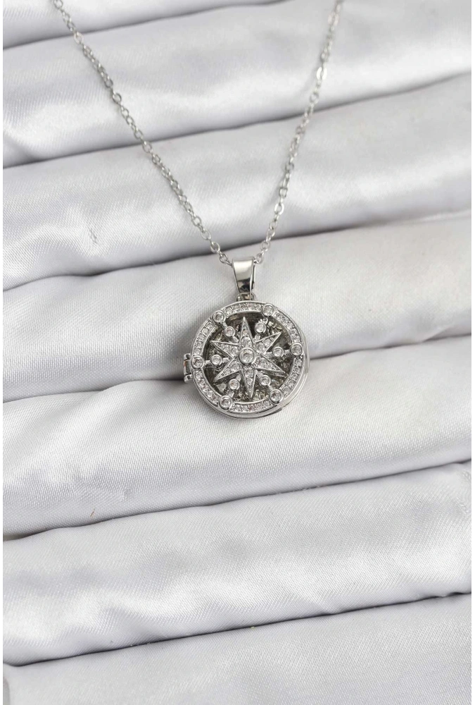 Shoecide 316l Çelik Zincir Gümüş Renk Kutup Yıldızı Kapaklı Model Kadın Kolye