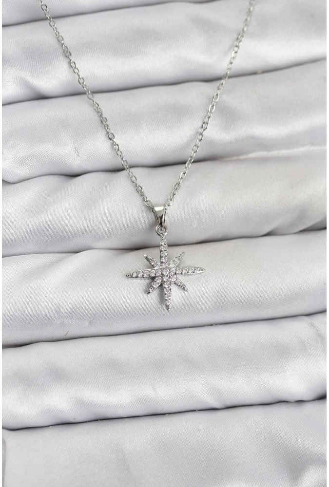 Shoecide 316l Çelik Zincir Gümüş Renk Kutup Yıldızı Model Zirkon Taşlı Kadın Kolye