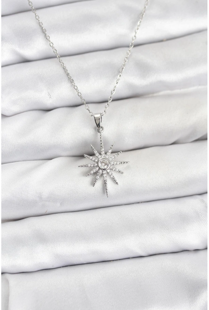 Shoecide 316l Çelik Zincir Gümüş Renk Kutup Yıldızı Model Zirkon Taşlı Kadın Kolye
