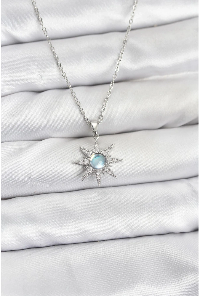 Shoecide 316l Çelik Zincir Gümüş Renk Kutup Yıldızı Model Zirkon Taşlı Kadın Kolye