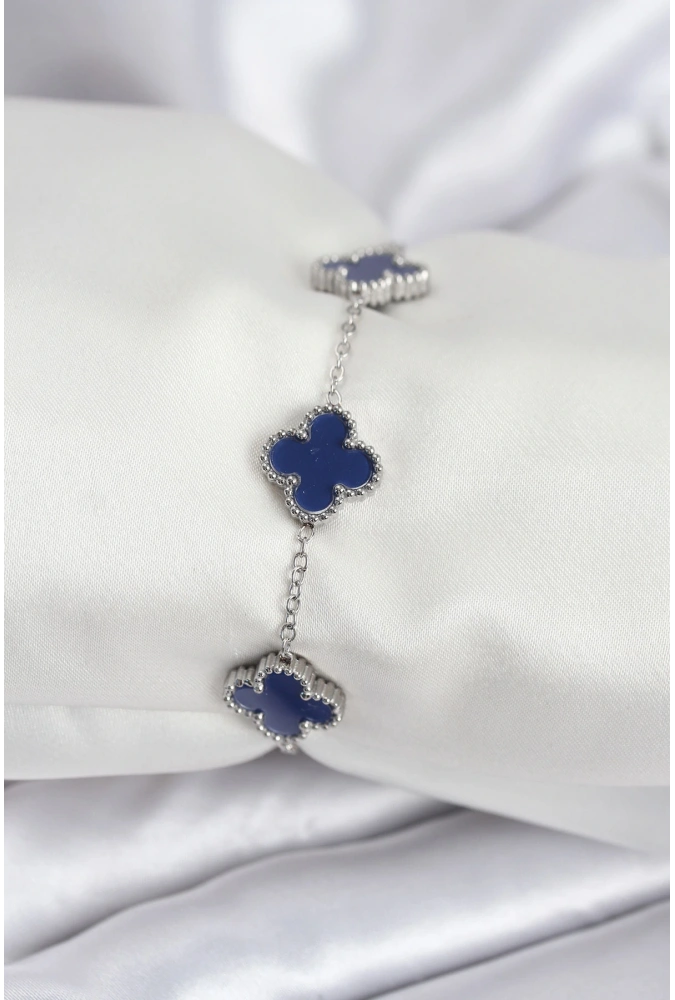 Shoecide 316l Çelik Zincir Gümüş Renk Lacivert Yonca Kadın Bileklik