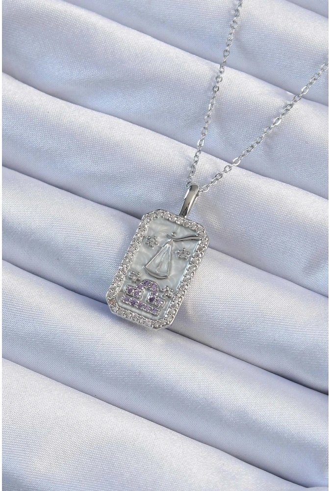Shoecide 316l Çelik Zincir Gümüş Renk Lila Zirkon Taşlı Tarot Kolye