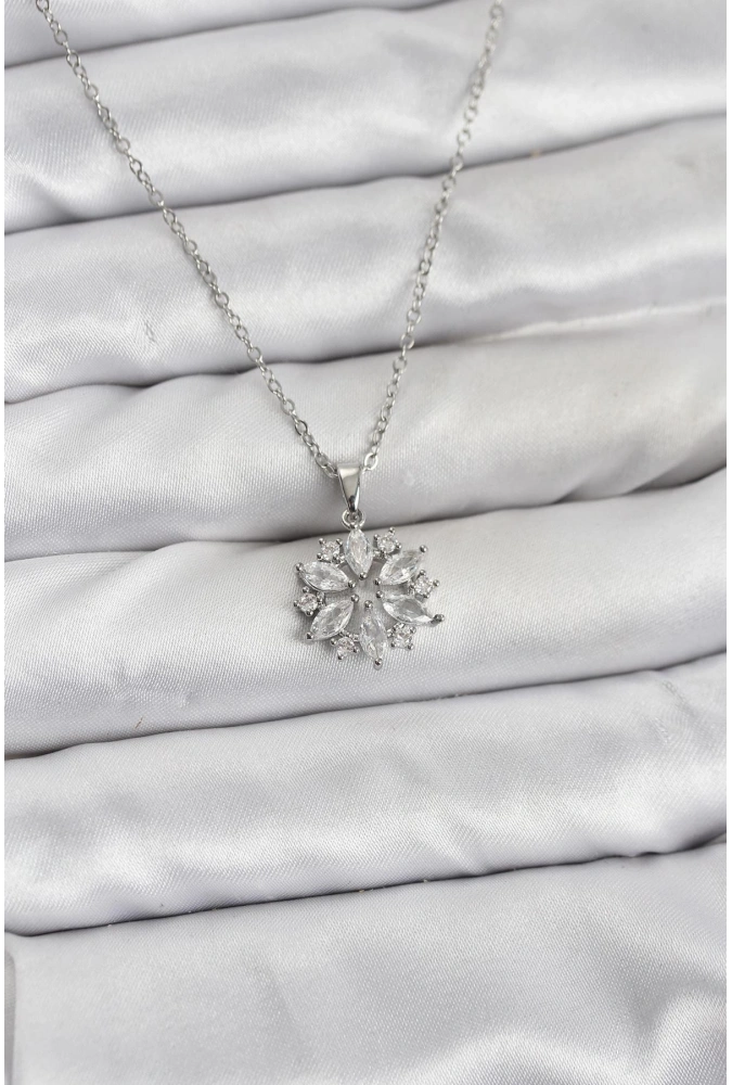 Shoecide 316l Çelik Zincir Gümüş Renk Lotus Model Zirkon Taşlı Kadın Kolye