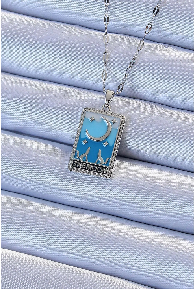 Shoecide 316l Çelik Zincir Gümüş Renk Mavi Mineli Ay Figür Tarot Kolye