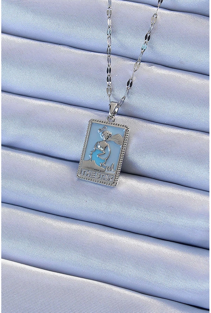 Shoecide 316l Çelik Zincir Gümüş Renk Mavi Mineli Tarot Kolye