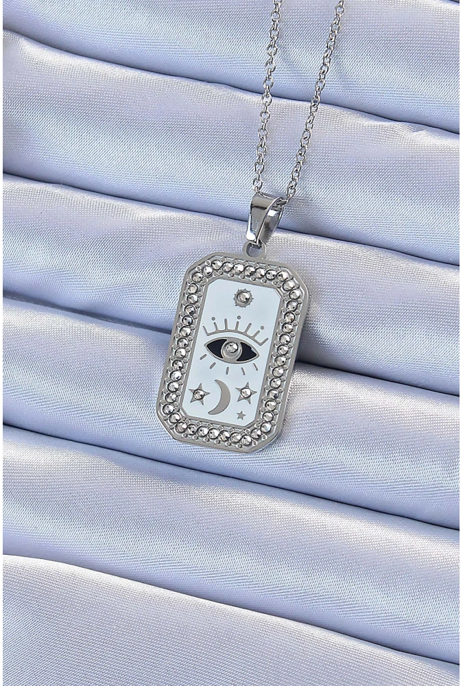Shoecide 316l Çelik Zincir Gümüş Renk Mineli Zirkon Taşlı Göz Figür Tarot Kolye