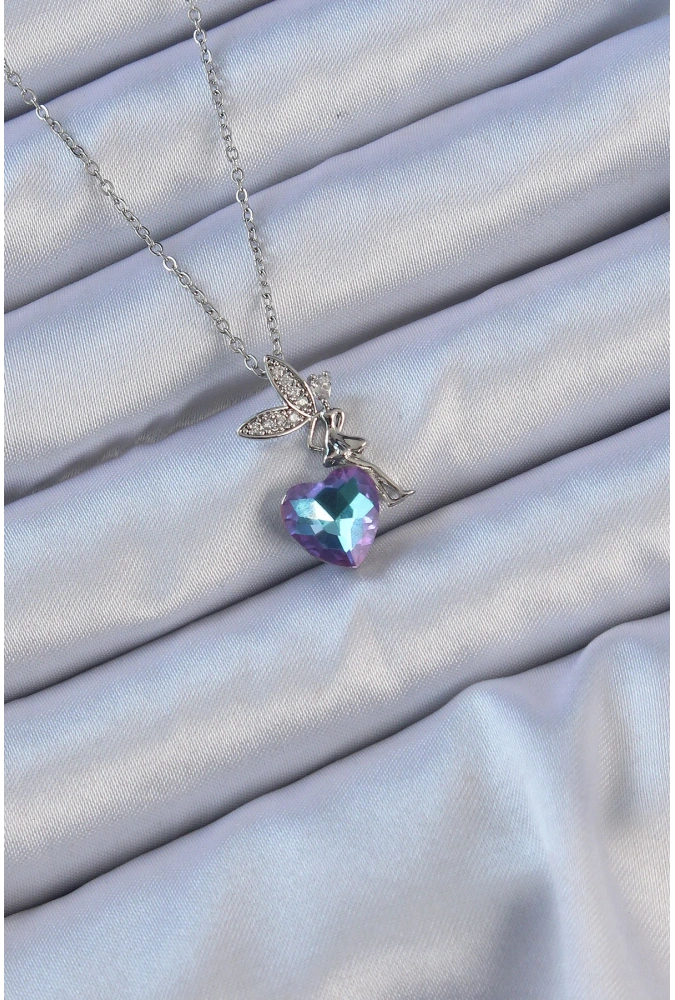 Shoecide 316l Çelik Zincir Gümüş Renk Mor Mavi Renk Zirkon Taşlı Kalp Detay Peri Kolye