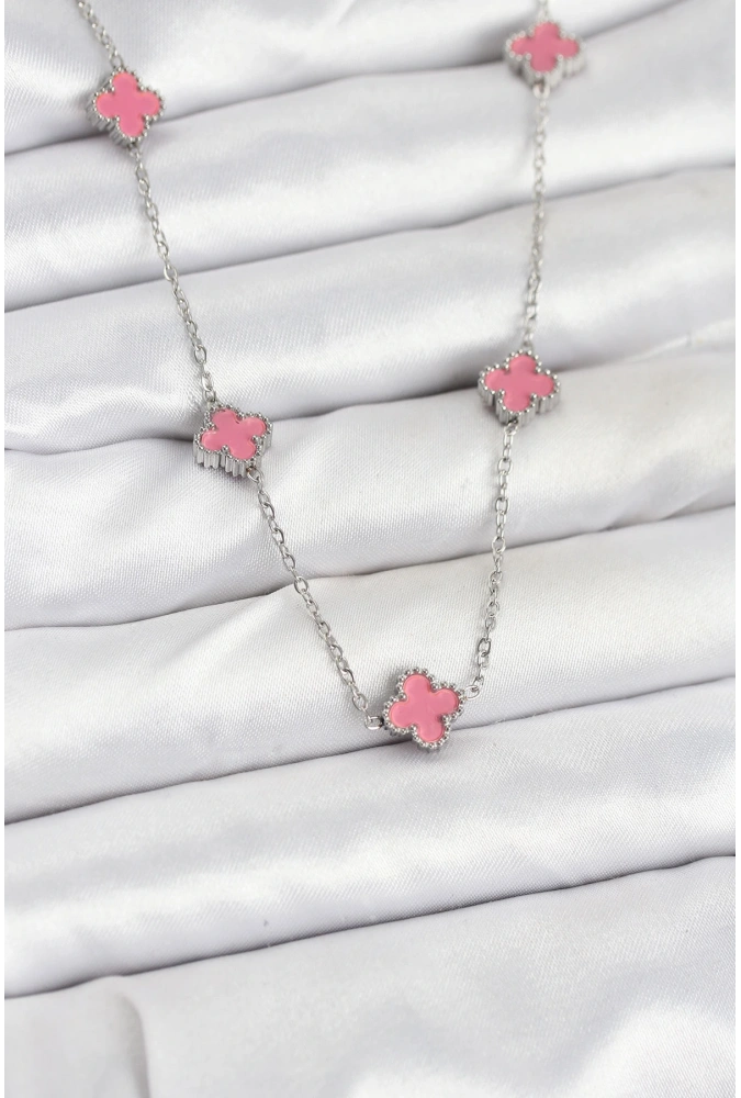 Shoecide 316l Çelik Zincir Gümüş Renk Pembe Baby Boy Yonca Kadın Kolye