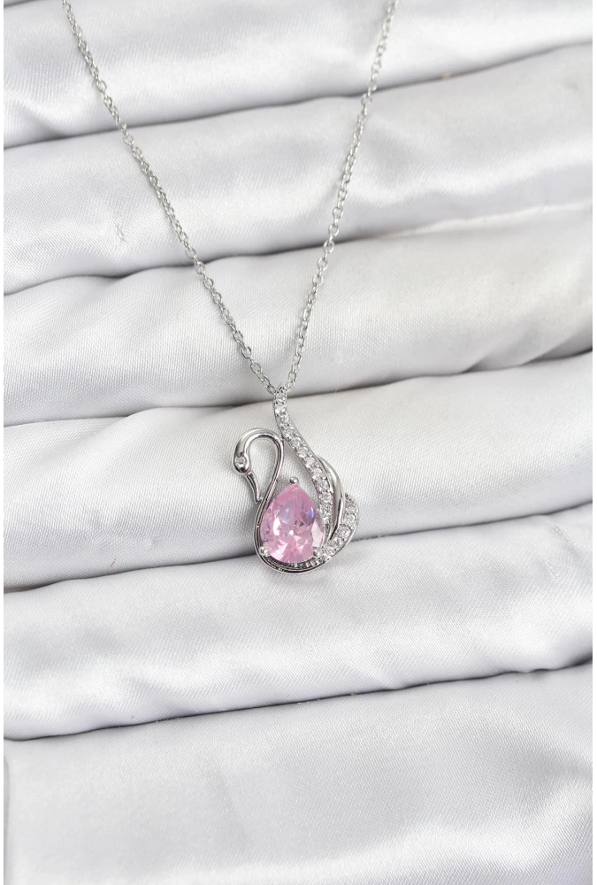 Shoecide 316l Çelik Zincir Gümüş Renk Pembe Kuğu Model Zirkon Taşlı Kadın Kolye