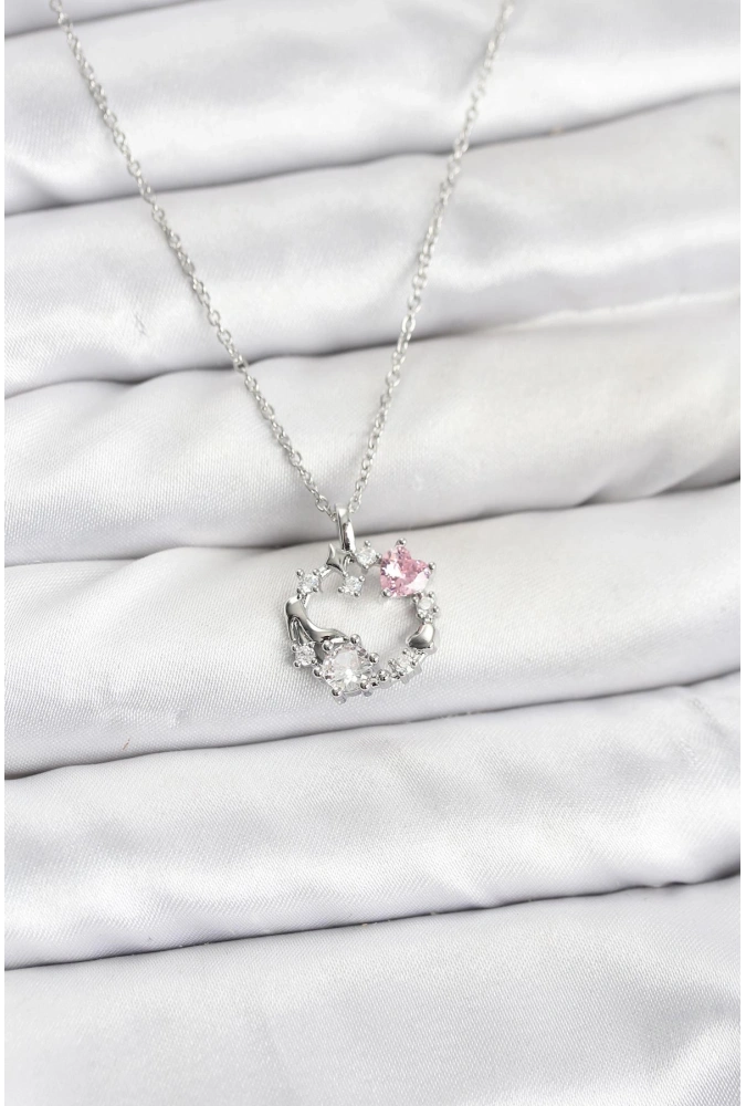 Shoecide 316l Çelik Zincir Gümüş Renk Pembe Taş Detaylı Çelenk Model Kadın Kolye
